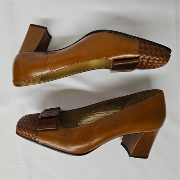 Yves Saint Laurent Woven Leather And Satin Bow Heels In Brown And Bronze Sz 6.5 - Picture 13 of 15